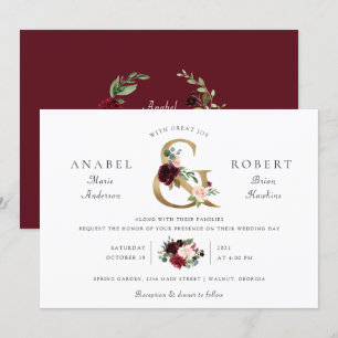 Floral Burgundy Blush Gold Ampersand Typografie Kaart