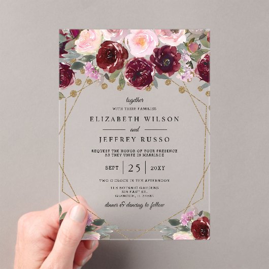 Floral Burgundy Blush Gold Geometric Wedding Acryl Uitnodigingen (Insitu (Draagbaar))