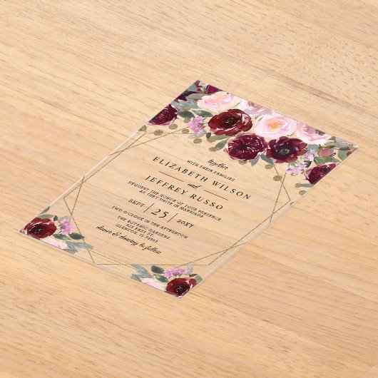 Floral Burgundy Blush Gold Geometric Wedding Acryl Uitnodigingen (Laagn)