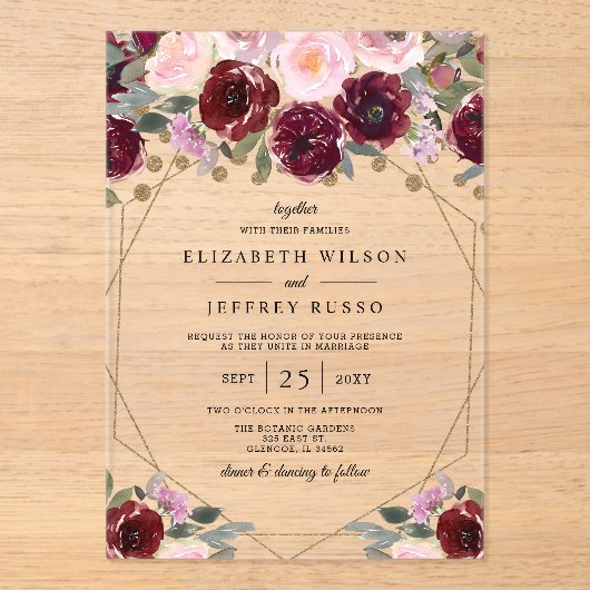Floral Burgundy Blush Gold Geometric Wedding Acryl Uitnodigingen (Voorkant)