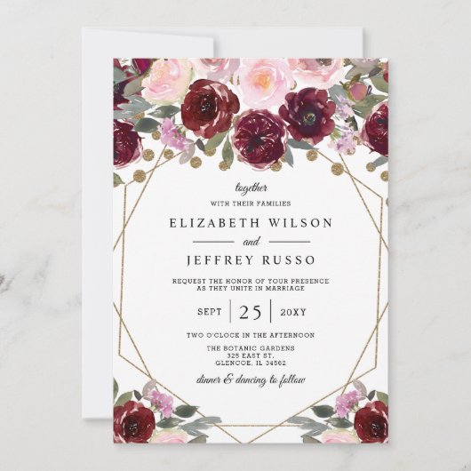 Floral Burgundy Blush Gold Geometric Wedding Kaart (Voorkant)
