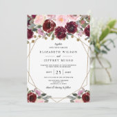 Floral Burgundy Blush Gold Geometric Wedding Kaart (Staand voorkant)