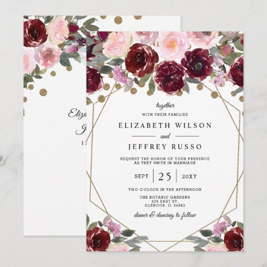 Floral Burgundy Blush Gold Geometric Wedding Kaart (Voorkant / Achterkant)