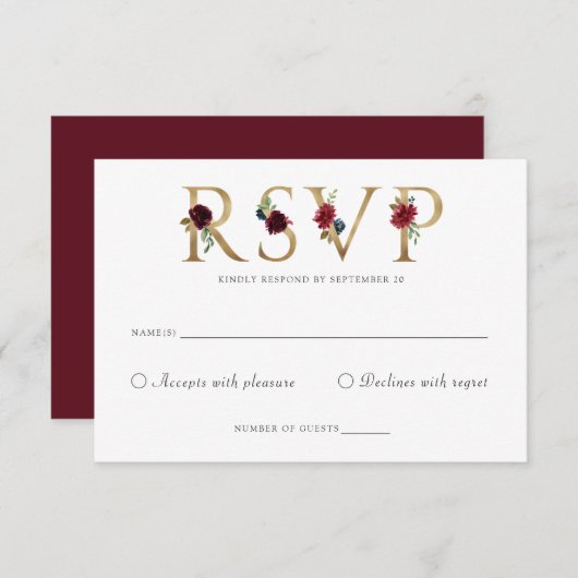 Floral Burgundy Blush Gold RSVP-reactiekaart Kaart (Voorkant / Achterkant)