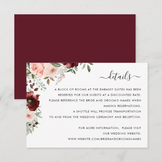 Floral Burgundy Blush Greenery - Invoegen Kaart (Voorkant / Achterkant)