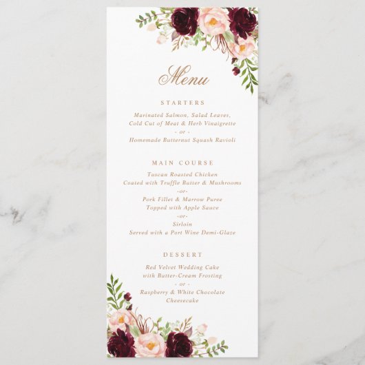 Floral Burgundy Blush Greenery Modern Minimal Menu (Voorkant)