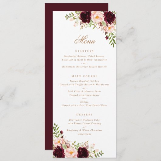 Floral Burgundy Blush Greenery Modern Minimal Menu (Voorkant / Achterkant)