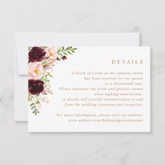 Floral Burgundy Blush Greenery Wedding Details Kaart (Voorkant)