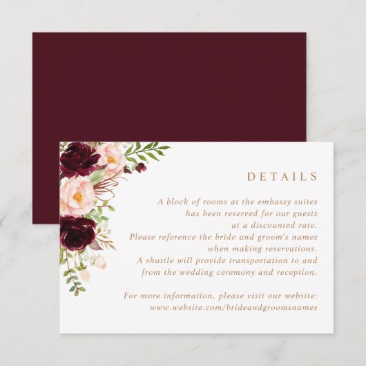 Floral Burgundy Blush Greenery Wedding Details Kaart (Voorkant / Achterkant)