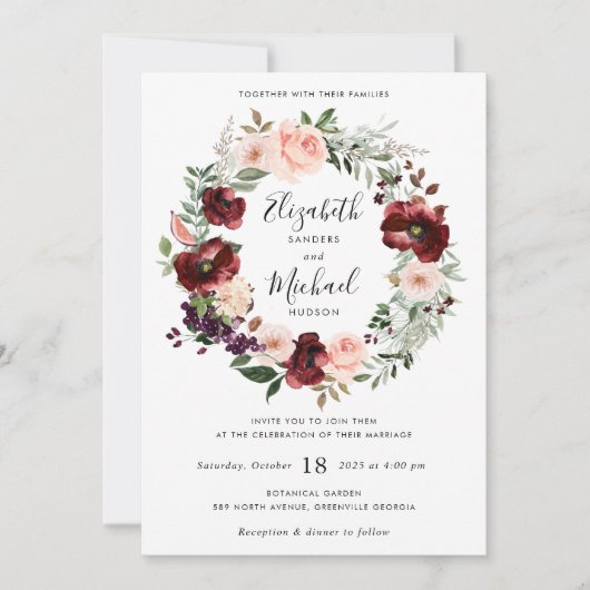 Floral Burgundy Blush Greenery Wreath Invitation Kaart (Voorkant)