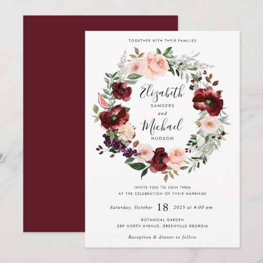Floral Burgundy Blush Greenery Wreath Invitation Kaart (Voorkant / Achterkant)