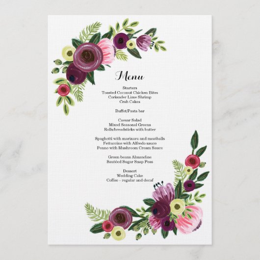 Floral Burgundy Blush-kaart voor het diner van het Menu (Voorkant)