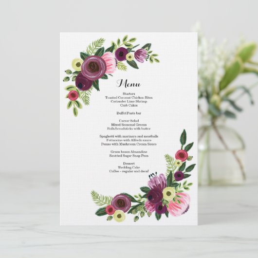 Floral Burgundy Blush-kaart voor het diner van het Menu (Staand voorkant)