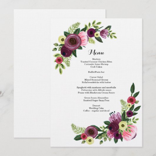 Floral Burgundy Blush-kaart voor het diner van het Menu (Voorkant / Achterkant)