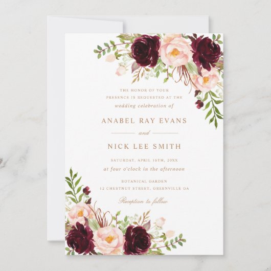Floral Burgundy Blush Modern Elegant Wedding Kaart (Voorkant)