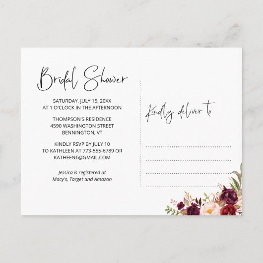 Floral Burgundy Blush Waterverf Vrijgezellenfeest Uitnodiging Briefkaart (Achterkant)