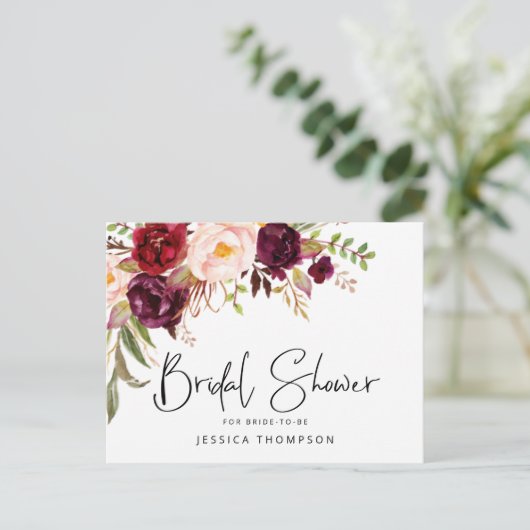 Floral Burgundy Blush Waterverf Vrijgezellenfeest Uitnodiging Briefkaart (Staand voorkant)
