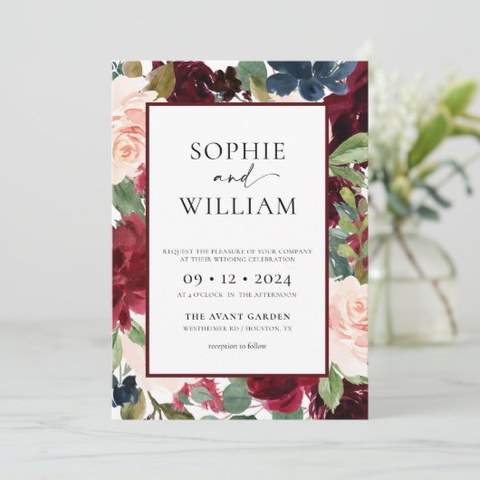Floral Burgundy Blush Weddenschap Kaart (Staand voorkant)