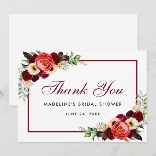 Floral Burgundy Boho Vrijgezellenfeest Bedankt Kaa Save The Date (Voorkant / Achterkant)