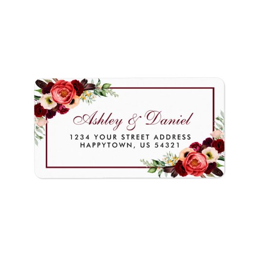 Floral Burgundy Boho Wedding Address Etiket (Voorkant)