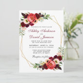 Floral Burgundy Boho Wedding Gold Lijst W Kaart (Staand voorkant)