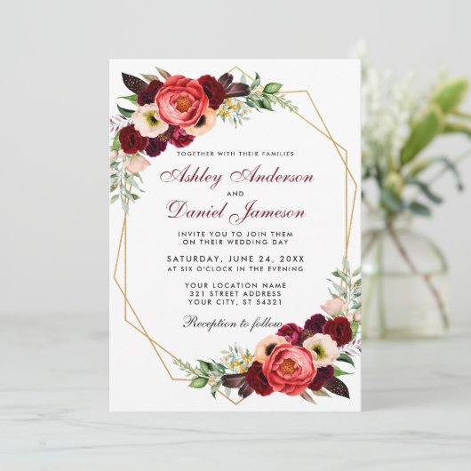 Floral Burgundy Boho Wedding Gold Lijst W Kaart (Staand voorkant)
