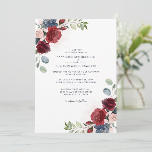Floral Burgundy Botanical Greenery Wedding Kaart (Staand voorkant)