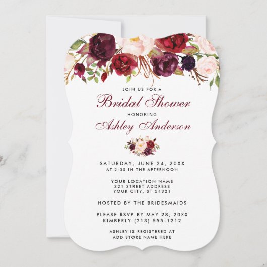 Floral Burgundy Bridal Shower Invitation B Kaart (Voorkant)