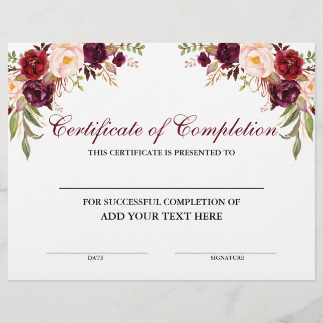 Floral Burgundy Certificate of Completion (Voorkant)
