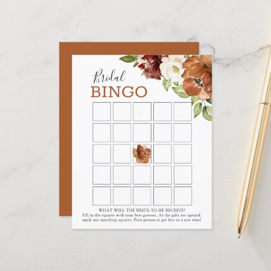 Floral Burgundy Dark Oranje Bridal Bingo Game Kaar (Voorkant / Achterkant in situ)