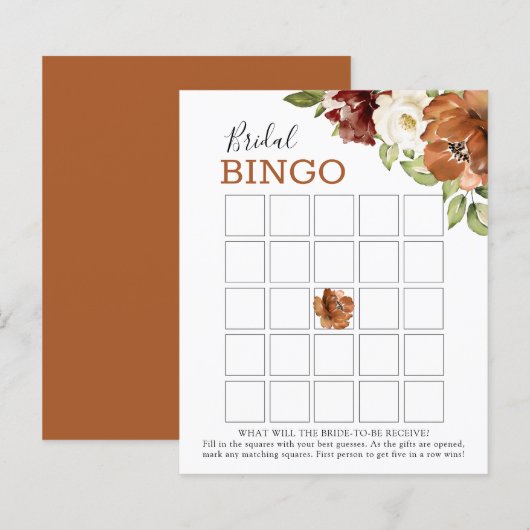 Floral Burgundy Dark Oranje Bridal Bingo Game Kaar (Voorkant / Achterkant)