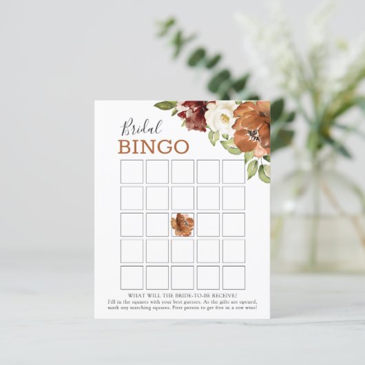Floral Burgundy Dark Oranje Bridal Bingo Game Kaar (Staand voorkant)