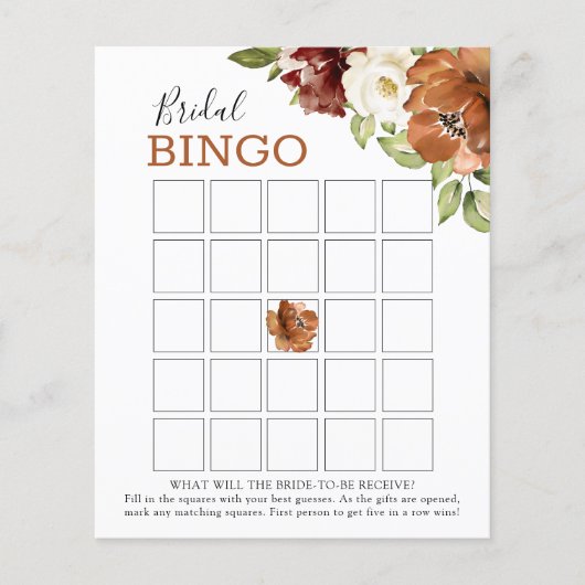 Floral Burgundy Dark Oranje Bridal Bingo Game Kaar (Voorkant)