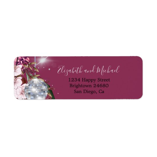 Floral Burgundy Disco Ball Silver Elegant Etiket (Voorkant)