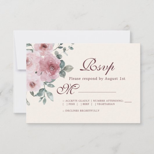 Floral Burgundy Dusty Pink Rose Ivory Wedding RSVP Kaartje (Voorkant)