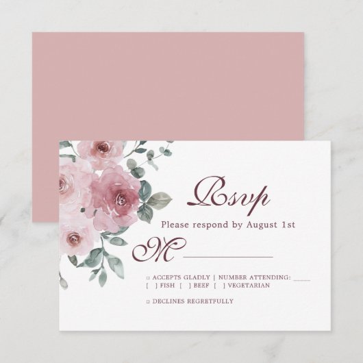 Floral Burgundy Dusty Pink Rose Wedding RSVP (Voorkant / Achterkant)