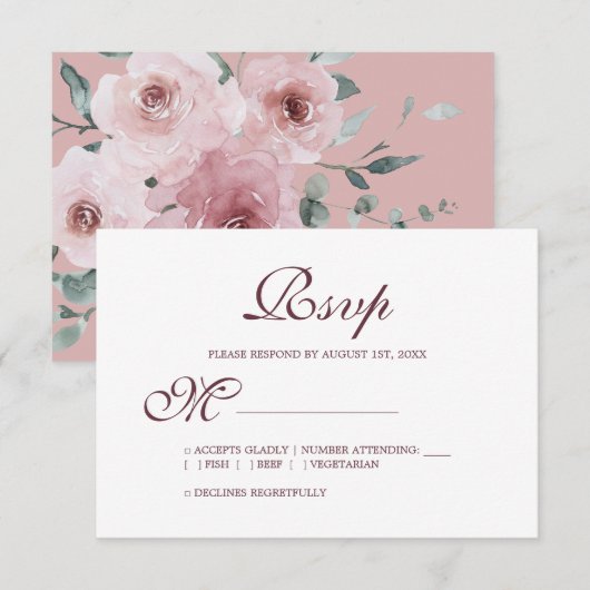 Floral Burgundy Dusty Pink Rose Wedding RSVP (Voorkant / Achterkant)