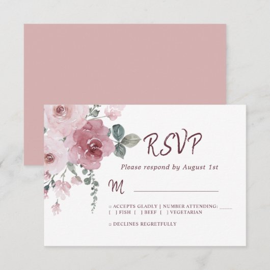 Floral Burgundy Dusty Pink Rose Wedding RSVP (Voorkant / Achterkant)