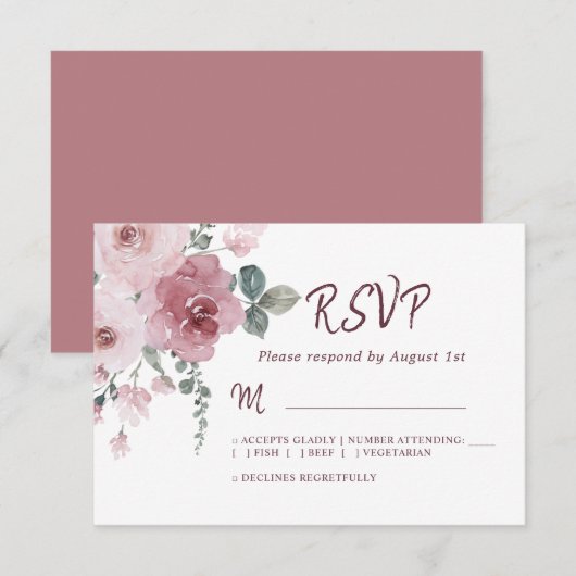 Floral Burgundy Dusty Pink Rose Wedding RSVP (Voorkant / Achterkant)