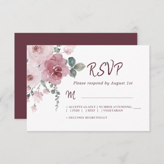 Floral Burgundy Dusty Pink Rose Wedding RSVP (Voorkant / Achterkant)