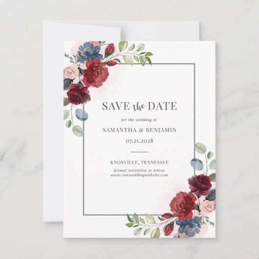 Floral Burgundy Eucalyptus Wedding Save the Date (Voorkant)