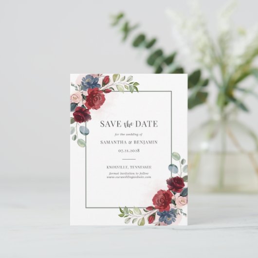Floral Burgundy Eucalyptus Wedding Save the Date (Staand voorkant)