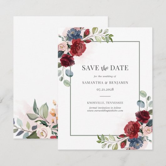 Floral Burgundy Eucalyptus Wedding Save the Date (Voorkant / Achterkant)