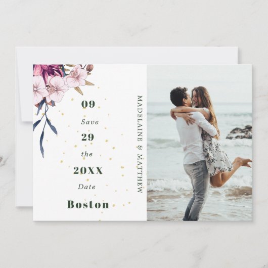Floral Burgundy Foto Gold Blush Elegant Chic Save The Date (Voorkant)