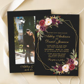 Floral Burgundy Geometric Black Gold Photo Weddens Kaart
