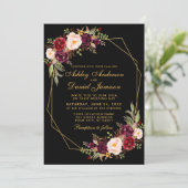 Floral Burgundy Geometric Black Gold Wedding Kaart (Staand voorkant)