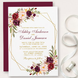 Floral Burgundy Geometric Gold Lijst Wedding Kaart