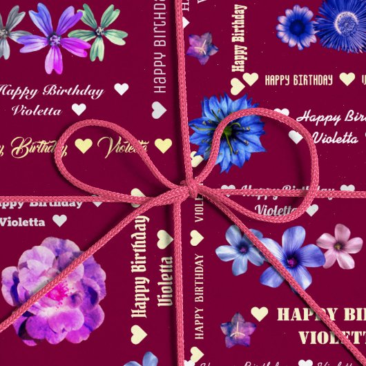 Floral Burgundy Girly Happy Birthday Cadeaupapier