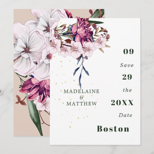 Floral Burgundy Gold Blush Elegant Chic Save The Date (Voorkant / Achterkant)