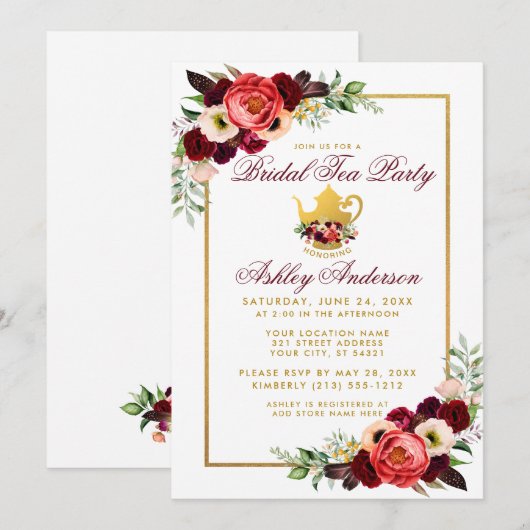 Floral Burgundy Gold Boho Vrijgezellenfeest Tea Pa Kaart (Voorkant / Achterkant)